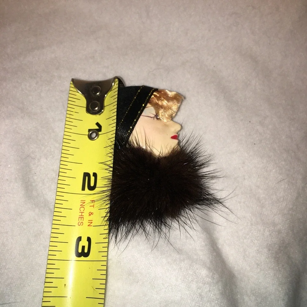 Vintage flapper Celluloid brooch with mink scarf